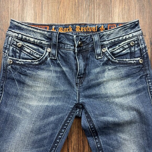 Rock Revival Gwen Boot Jeans Rhinestones Distressed Medium Wash Women’s Size 30 - Picture 3 of 13